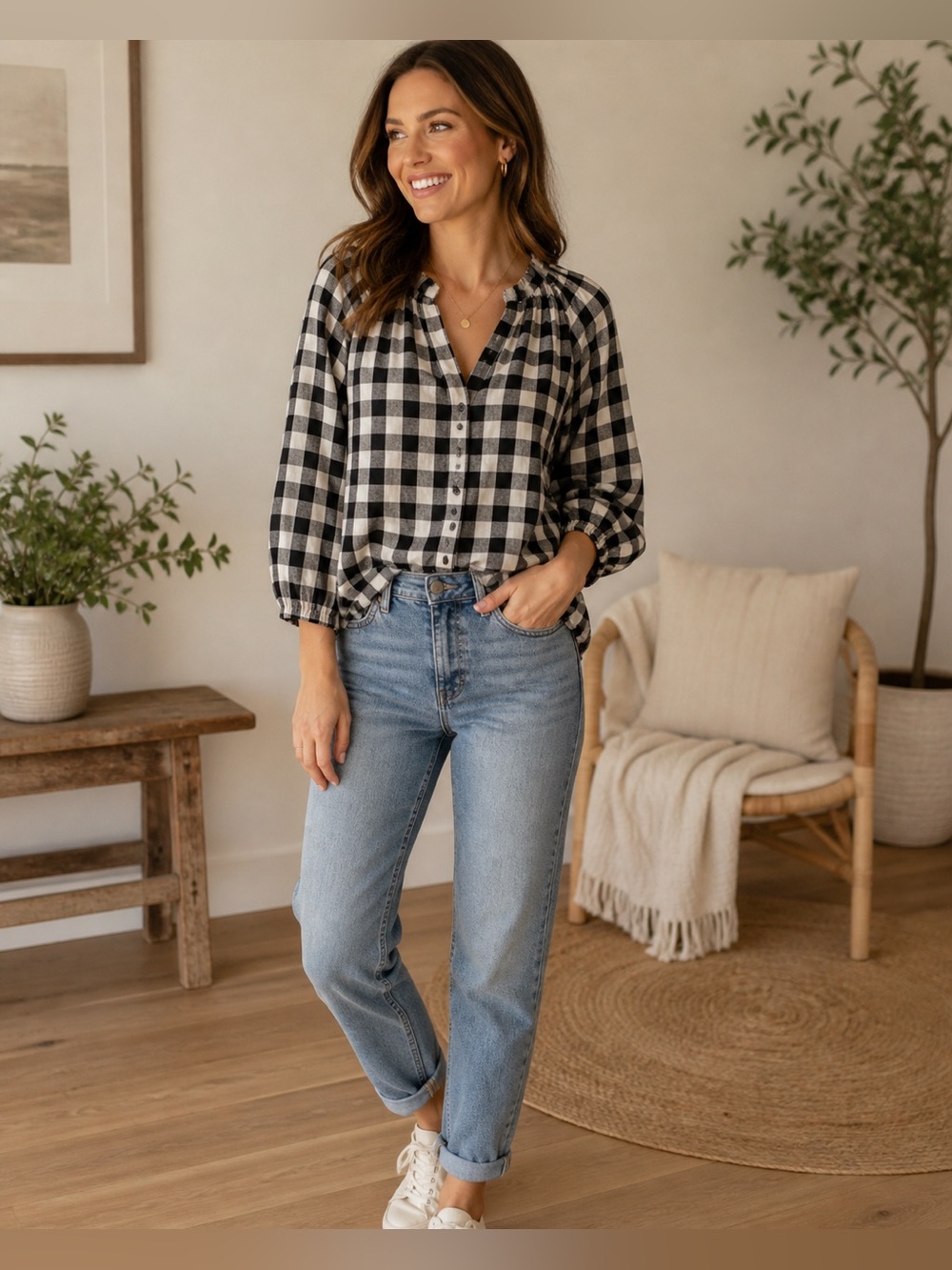 Time And True Plaid Puffy 3/4 Length Sleeve Shirt Top Spring Size XL NWT